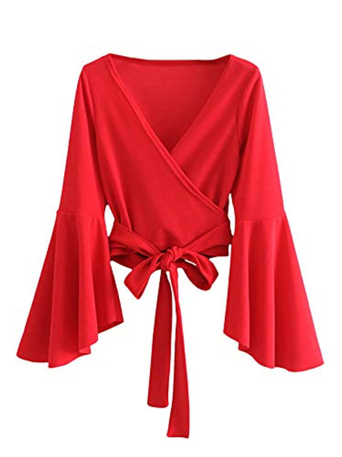 SweatyRocks Womens Long Sleeve V Neck Tie Knot Bandage Wrap Blouse Crop Top Red M