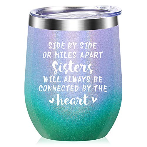 Side by Side or Miles Apart Sisters Best Sister Gifts from Sister Funny Birthday Gifts Ideas for Women Big Little Sister Best Friend Soul Sister Bestie - 12 oz Wine Tumbler with Straw