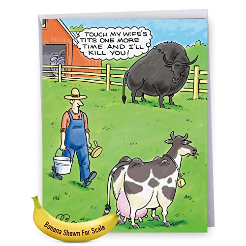 8.5' x 11" Jumbo Happy Birthday Card - Hilarious Greeting Card Jealous Bull Cows & Farmer - Funny Appreciation Cards On This Special HBD (Extra Large - With Envelope) #J2595BDG