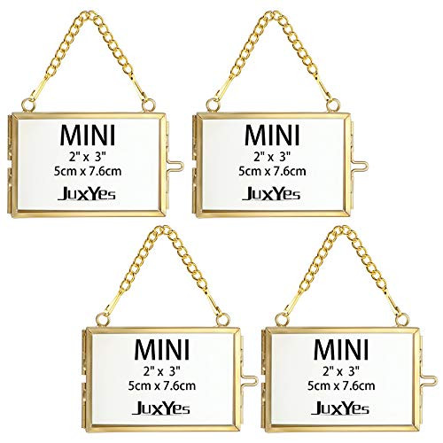 JuxYes Set of 4 Mini Brass Wall Hanging Photo Frame Golden Glass Hanging Picture Artwork Display Frame Double Glass Floating Frame Style Gallery Wall Frame for Picture Pressed Flower Poster etc