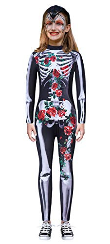 Halloween Costume for Girls Silver Skull Skeleton Bone Bodysuits 3D Print Red Floral Stretch Skinny Catsuit Overall Jumpsuit for 7-8 Years