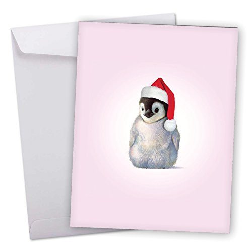 J6726BXSG Jumbo Merry Christmas Card: Christmas Zoo Babies, Featuring a Sweet and Adorable Baby Penguin Wearing a Christmas Hat With Envelope (Giant Size: 8.5" x 11")