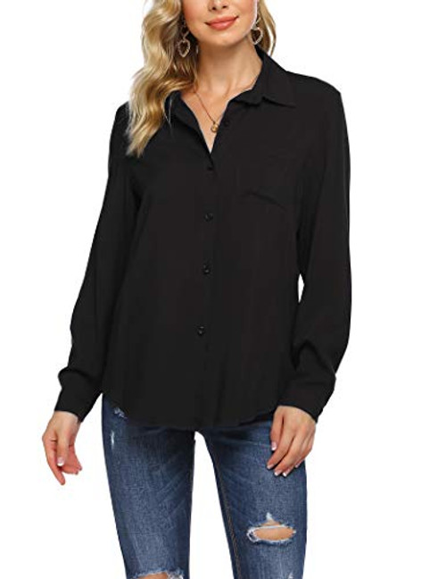 Hotouch Womens Long Sleeve Button Down Shrts Collared Office Formal Casual Dress Shirt Black M