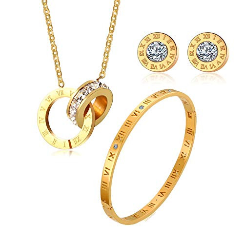 VNOX Stainless Steel Gold Plated Roman Numeral Bangle Bracelet Necklace Stud Earrings Women Grils Jewelry Set