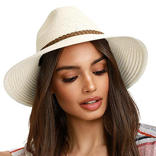 FURTALK Sun Hats for Women Summer Wide Brim UV UPF 50 Panama Fedora Foldable Packable Straw Beach Hat Ivory