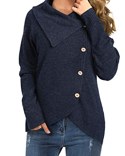 OUGES Womens Turtle Cowl Neck Sweater Asymmetric Hem Long Sleeve Button Pullover TopsNavy-076M