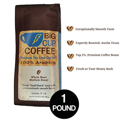 Big Cup Coffee 1lb Pound Whole Bean 100 Arabica Medium Roast ~ High-Altitude SHB ~ Austins Premium Local Small Batch Roasted Coffee