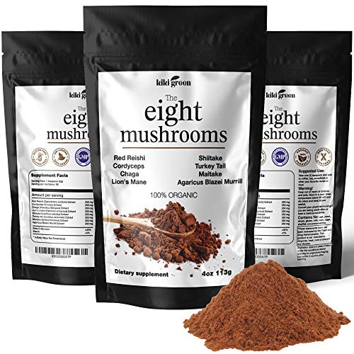 Mushroom Powder Extract - 8 Organic Supplement Blend for Coffee   Smoothie  Lions Mane Cordyceps Chaga Reishi Shiitake Turkey Tail Maitake Complex