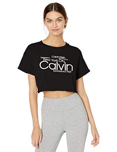 Calvin Klein Womens Logo Roll Cuff Short Sleeve Boxy Tee Black X-Large