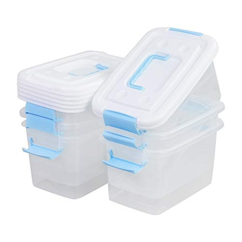 Easymanie Plastic Storage Bin with Blue Handle 5 Quart Latching Boxes Pack of 6
