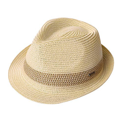 Fancet Mens Straw Panama Fedora Packable Sun Summer Beach Hat Trilby Women Beige M