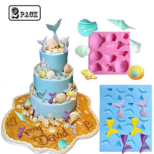 2 Pack Sea Life Molds Set Mermaid Tail Mold Seashell Mold Silicone Fondant Mold Chocolate Mold Soap Mold Cakes Decorating Chocolate Cupcake Topper Candy Mermaid Series Mold