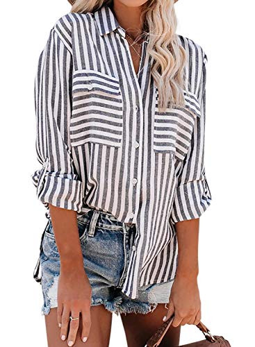 Happy Sailed Womens Stripes Button Down Shirts Long Sleeve Tops V Neck Casual High Low Blouses X-Large Gray