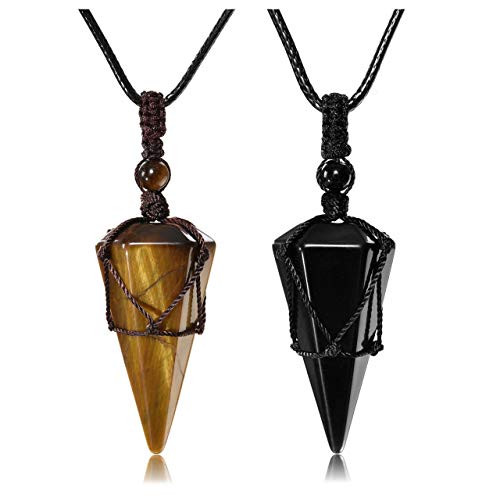 Top Plaza 6 Facet Reiki Healing Crystal Stone Pointed Pendant Necklaces Adjustable Natural Gemstone Necklace Reiki Quartz Jewelry for Women Men -2 Pcs Tiger Eye Stone   Black Obsidian