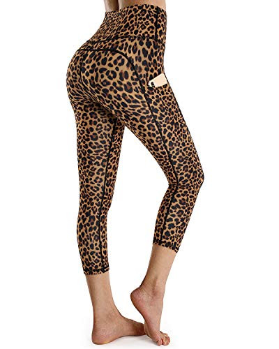 OUGES Womens High Waist Pockets Yoga Pants Running Pants Workout Leopard Capris LeggingsLeopard F Capris-20inchXL