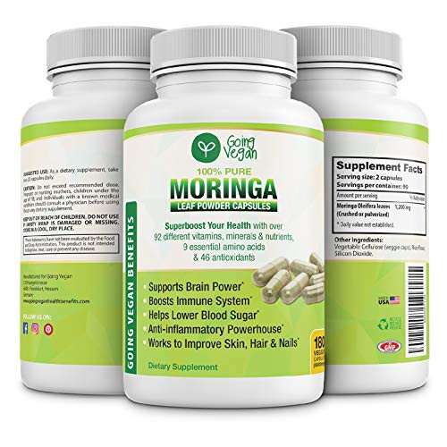 Moringa Capsules 180 Vegan Pure Oleifera Leaf Powder Pills 1200mg Per Serving Anti-inflammatory Supplement Immune System Metabolism Energy   Brain Booster Non GMO