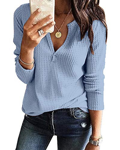Womens V Neck Waffle Knit Henley Tops Casual Long Sleeve Pullover Sweater Blouses Light Blue Medium