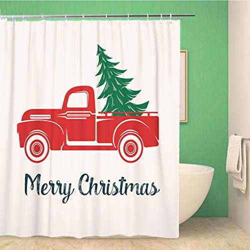Awowee Bathroom Shower Curtain Truck Red Car Christmas Tree Vintage Old Holiday Delivery Classic Polyester Fabric 60x72 inches Waterproof Bath Curtain Set with Hooks