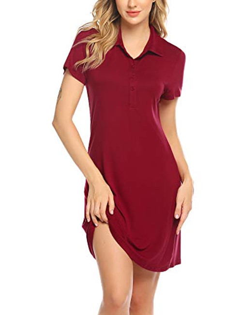Ekouaer Womens Nightgown V Neck Short Sleeve Sleep Nightshirt Loungewear Button Down Pajama Dress Wine Red