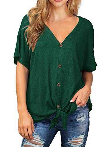 IWOLLENCE Womens Waffle Knit Tunic Blouse Tie Knot Short Sleeve Henley Tops Loose Fitting Bat Wing Shirts Dark Green Large