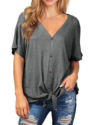 IWOLLENCE Womens Waffle Knit Tunic Blouse Tie Knot Short Sleeve Henley Tops Loose Fitting Bat Wing Shirts Dark Gray Large