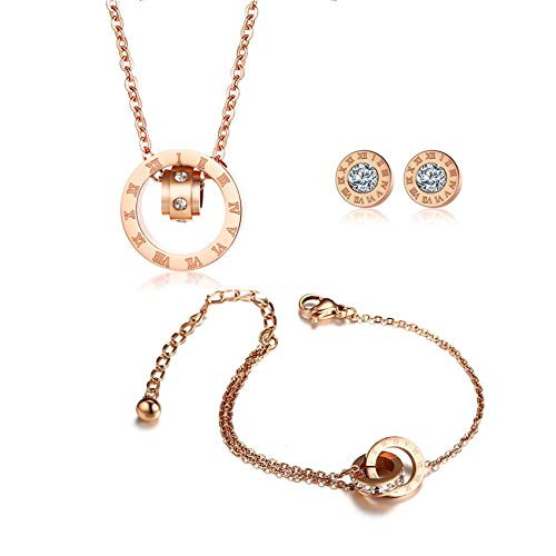 VNOX Jewelry Set Stainless Steel CZ Roman Numeral Interlocking Two-Circles Bracelet Necklace Stud Earrings for Women GirlsBridal and Bridesmaid Accessories