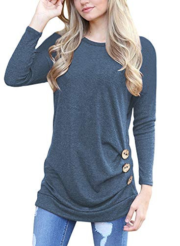 Muhadrs Womens Long Sleeve Casual Round Neck Loose Tunic Top Blouse T-Shirt M 01 Blue