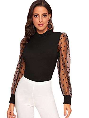 SOLY HUX Womens Polka Dot Sheer Mesh Long Sleeve Stretchy Top Blouse Black M