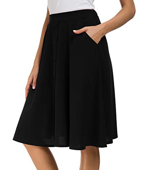 Afibi Womens High Waisted A Line Pleated Midi Skirt Button Front Skirts with Pocket Medium Black