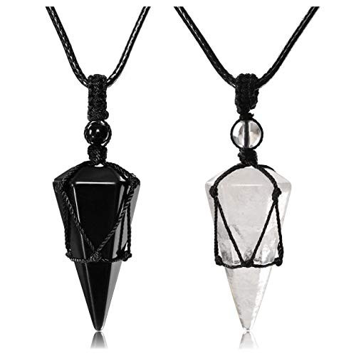 Top Plaza 6 Facet Reiki Healing Crystal Stone Pointed Pendant Necklaces Adjustable Natural Gemstone Necklace Reiki Quartz Jewelry for Women Men -2 Pcs Clear Quartz   Black Obsidian