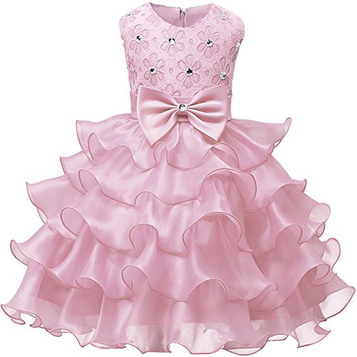 NNJXD Girl Dress Kids Ruffles Lace Party Wedding Dresses Size 140 6-7 Years Pink