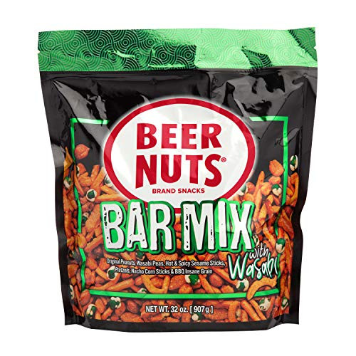 BEER NUTS Bar Mix with Wasabi - 32 oz Resealable Bag Original Peanuts Wasabi Peas Hot   Spicy Sesame Sticks Pretzel Niblets