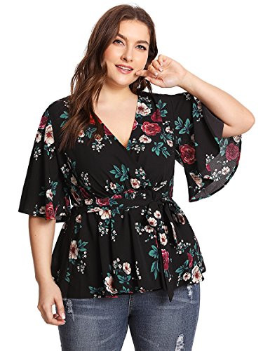 Romwe Womens Plus Size Floral Print Short Sleeve Belt Tie Peplum Wrap Blouse Top Shirts Black 4XL