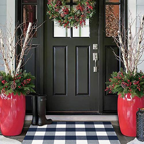 Buffalo Plaid Outdoor Rug 24 x 35 Collive Farmhouse BlueWhite Cotton Woven Checkered Outdoor Rugs Runner Washable Indoor Layered Front Door Mats for Porch