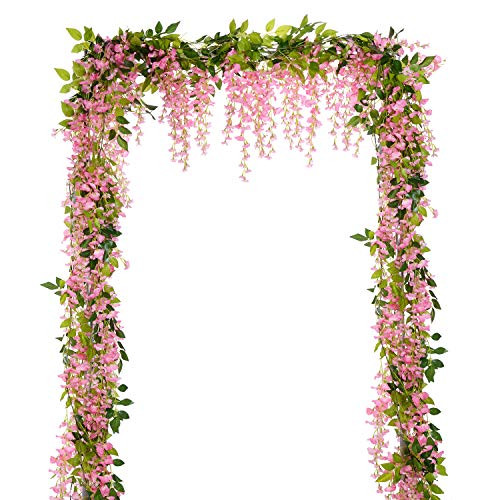 Lvydec Wisteria Artificial Flowers Garland 4 Pcs Total 28_8ft Artificial Wisteria Vine Silk Hanging Flower for Home Garden Outdoor Ceremony Wedding Arch Floral Decor Pink