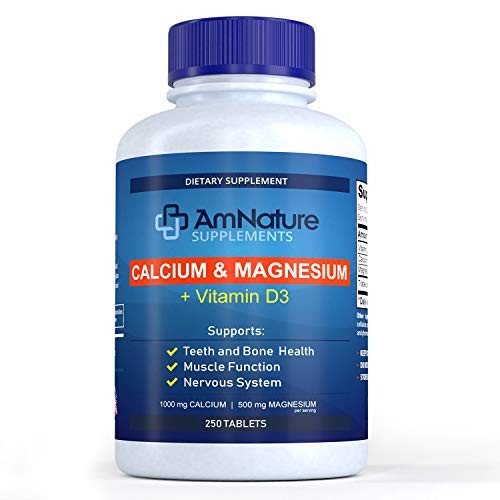 Calcium and Magnesium with Vitamin D3 Mineral   Bentonite Clay Support Teeth   Bone Health Muscle Function   Nervous System Calcium 1000mg - 500mg Magnesium 250 Tablets AmNature Supplements