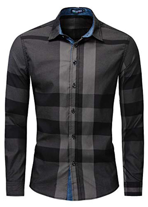 CLOTPUS Mens Cotton Long Sleeve Casual Plaid Shirts Collared Button Down Regular Fit 199 Black XL