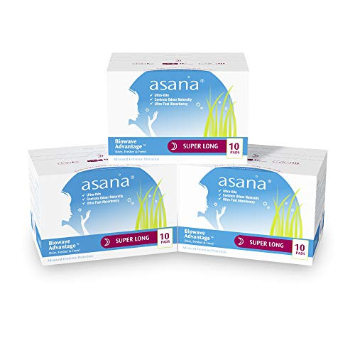 Asana Super Long Overnight Pads for Women  Ultra Thin Overnight Pads with Wings  Chlorine Free Pads for Women  Overnight Sanitary Napkins  Latex Free  Patented Technology  10 Count Pack of 3
