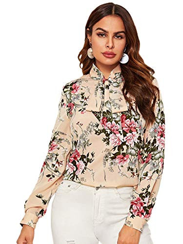 Floerns Womens Floral Print Bow Tied Neck Lantern Long Sleeve Blouse Tops Beige S