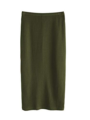 SheIn Womens Basic Plain Stretchy Ribbed Knit Split Full Length Skirt Army Green X-Large