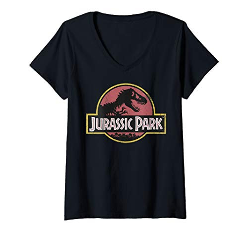Womens Jurassic Park Original Fossil Silhouette Faded Logo V-Neck T-Shirt