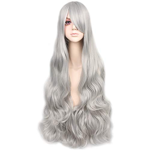 YOGFIT Jeanne Womens Long Wavy Curly Wigs with Bangs for Halloween Costume Cosplay Party- Silver Gray 32