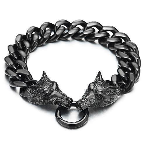 COOLSTEELANDBEYOND Biker Rock Punk Mens Black Steel Wolf Head Curb Chain Bracelet with Spring Ring Clasp 9 Inches COOLSTEELANDBEYOND Biker Rock Punk Mens Black Steel Wolf Head Curb Chain Bracelet with Spring Ring Clasp 9 Inches
