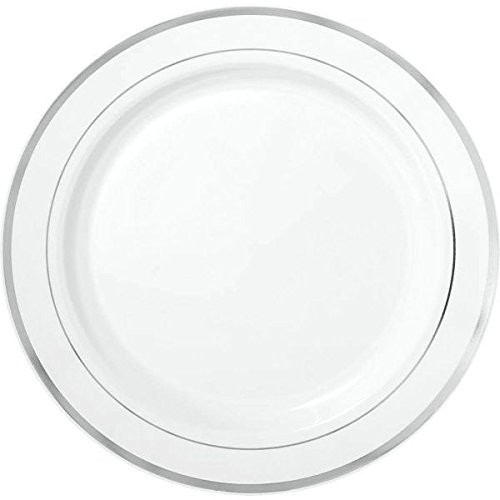 Elegant Premium Plastic Round Plates Party Tableware and Reusable Dishware, White with Silver Trim, 10", Pack of 10