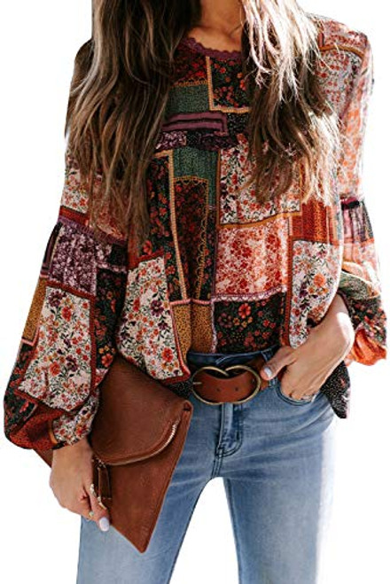 Uusollecy Womens Chiffon Puff Sleeve Shirts Boho Printed Casual Loose Blouses Tops