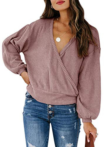 Adreamly Womens Fall Waffle Knitted Wrap Front Deep V-Neck Sweater Long Sleeve Lightweight Loose Pullover Jumper Tops Blouses Deep Pink Large