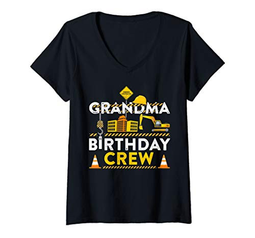 Womens Grandma Birthday Crew Construction Birthday Party Gift V-Neck T-Shirt