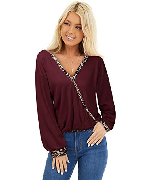 LANISEN Womens V Neck Wrap Tops Long Sleeve Fall Blouses Leopard Color Block Loose Casual Shirts V Neck-Wine red M LANISEN Womens V Neck Wrap Tops Long Sleeve Fall Blouses Leopard Color Block Loose Casual Shirts V Neck-Wine red M