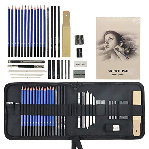 Jacriah 33-Piece Graphite Sketching Set_Professional Sketching Kit Includes Charcoal Pencils  Graphite Pencils  Pencil Extender  Sketching   Charcoal Sticks  Blending Stumps   Tortillons  etc_