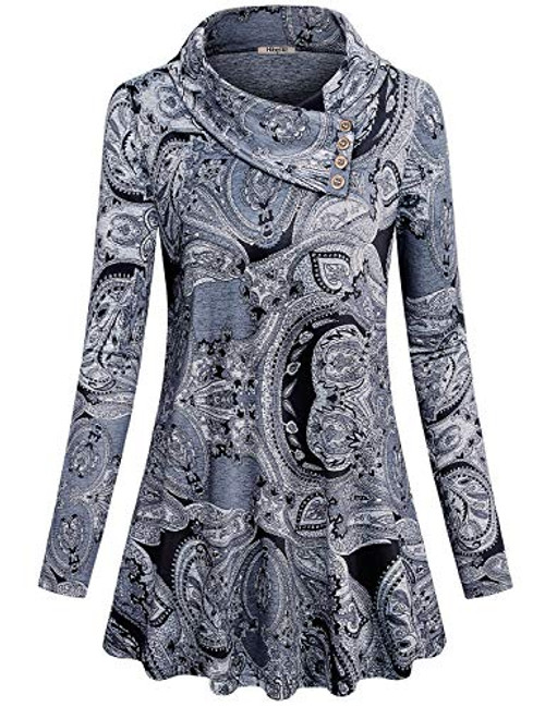 Hibelle Tunic Sweaters for Women Ladies Long Sleeve T Shirt Button Collar Jersey Knit Top Pleat Pullover Cute Clothes Fashion Flowy A-Line Blouse Tunics Office Paisley Grey 2XL